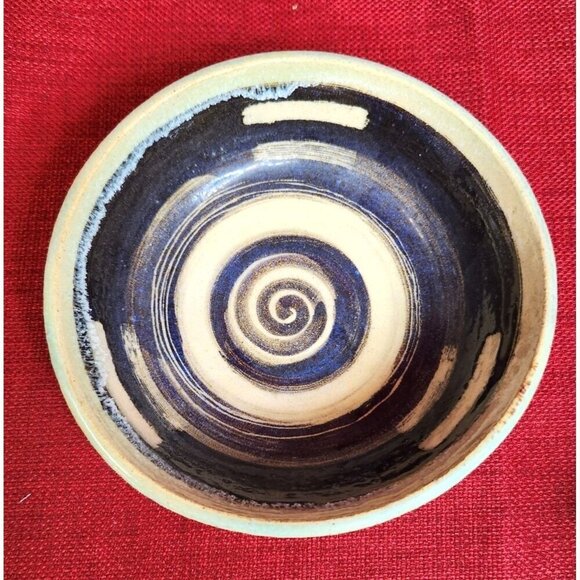 Handmade Ceramic Glazed Bowl By Frances H With Blue Swirl Design 6" - Picture 2 of 5